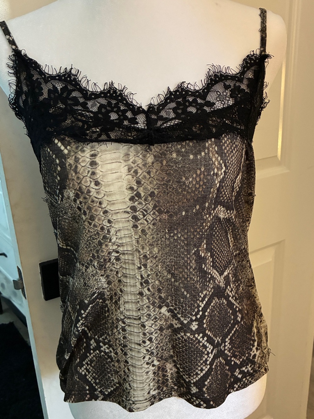 Zara Black and Gray Snake Print Lace Trim Tank Top